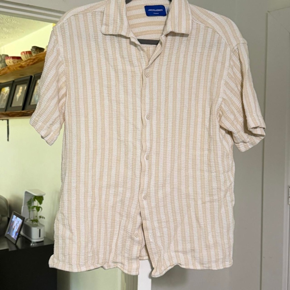 Jack & Jones Originals Beige Striped Short Sleeve Button Up Shirt Mens